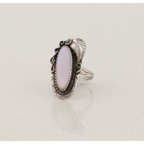 Sterling Silver Pink Mother of Pearl Flower Leaf Ring Size 7 1/4 Signed E - Picture 2 of 7